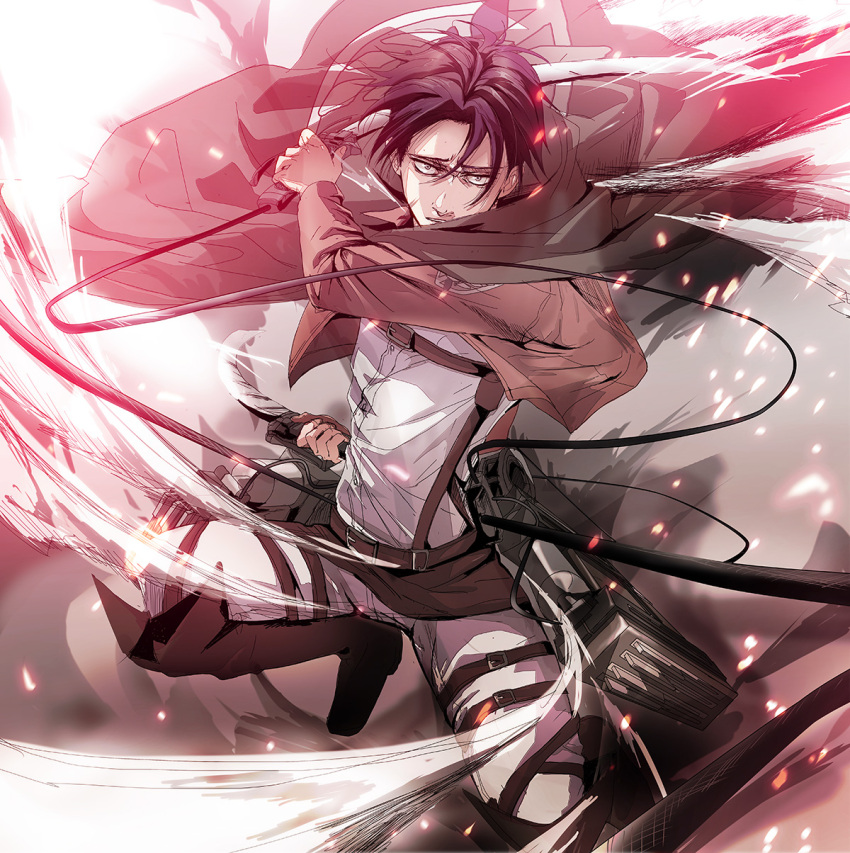 1boy, ascot, black_hair, boots, cape, dual_wielding, highres, jacket