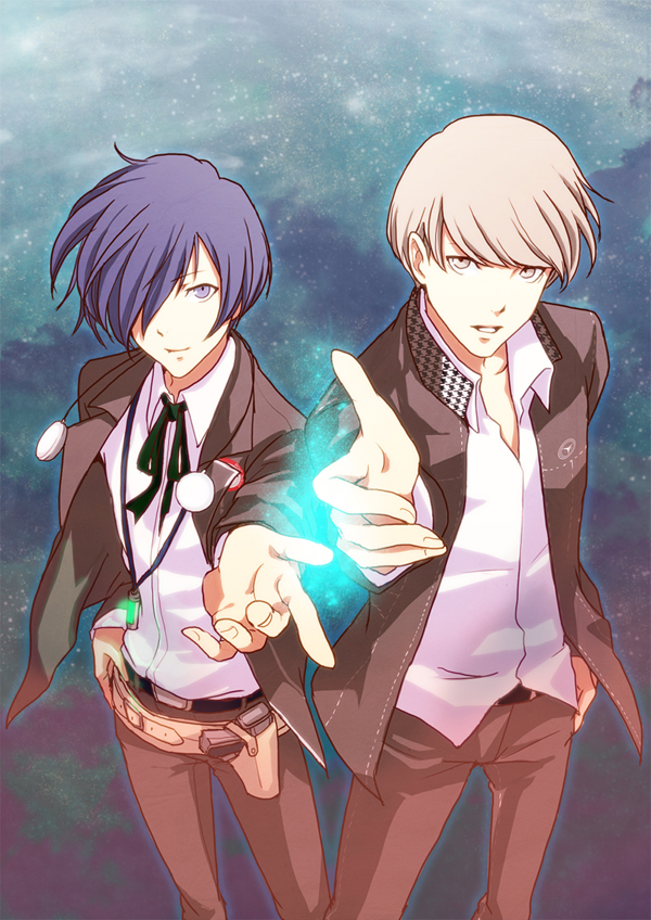 2boys, arisato_minato, blue_eyes, blue_hair, gun, hair_over_one_eye, headphones, holster, multiple_boys, narukami_yuu, persona, persona_3, persona_4, reicat0119, ribbon, school_uniform, weapon, white_eyes, white_hair, yuuki_makoto