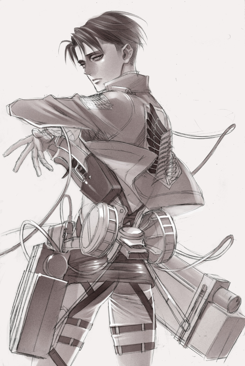 1boy, from_behind, highres, jacket, kiyo_(nbs199), levi_(shingeki_no_kyojin), monochrome, shingeki_no_kyojin