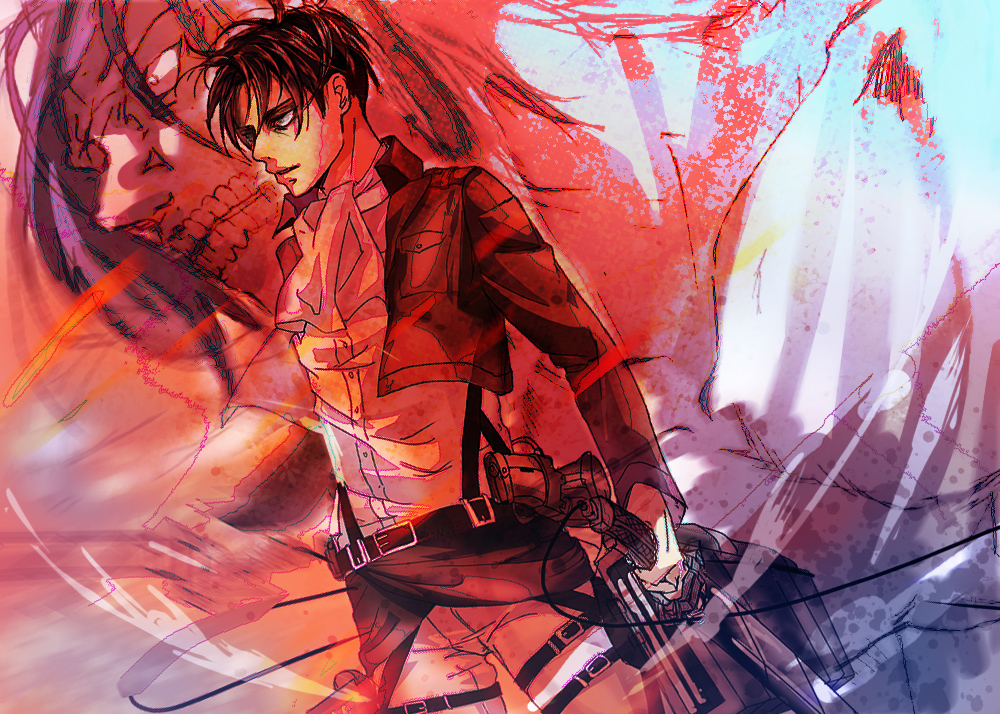 1boy, ascot, black_hair, jacket, kawauso, levi_(shingeki_no_kyojin), reverse_grip, rogue_titan