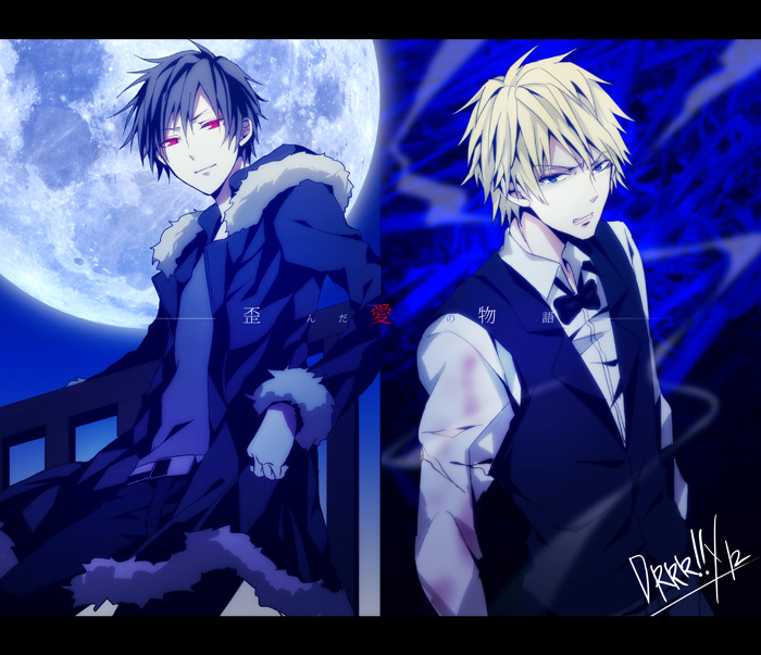 2boys, black_hair, blonde_hair, blue_eyes, durarara!!, full_moon, fur_trim, heiwajima_shizuo