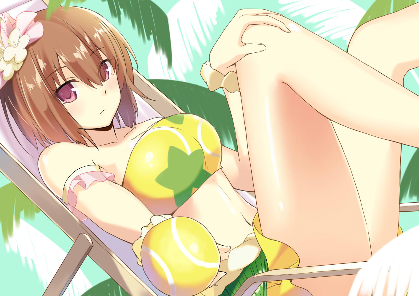 1girl, ball, bandeau, breasts, brown_hair, cccpo, chair, flower