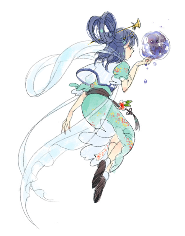 1girl, blue_hair, embryo, floating, full_body, hair_rings, kaku_seiga, seeker