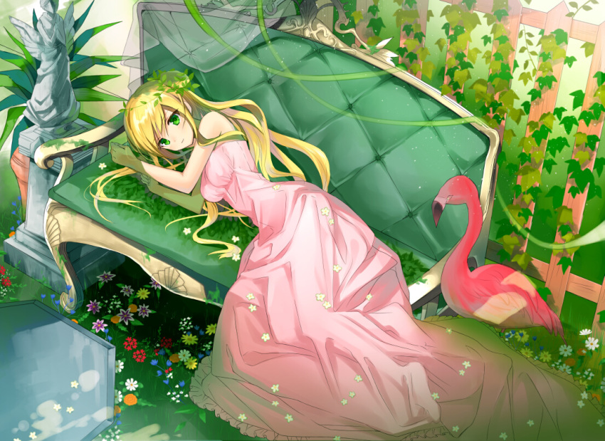 1girl, bird, blonde_hair, breasts, clenched_hand, couch, dress, flamingo