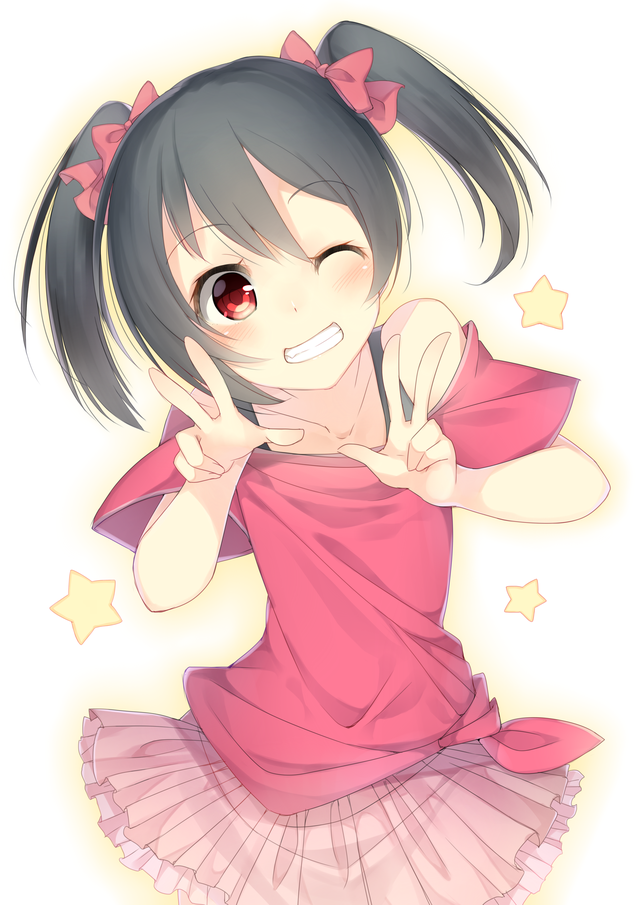 1girl, 7zu7, black_hair, bow, hair_bow, love_live!_school_idol_project, red_eyes, short_hair