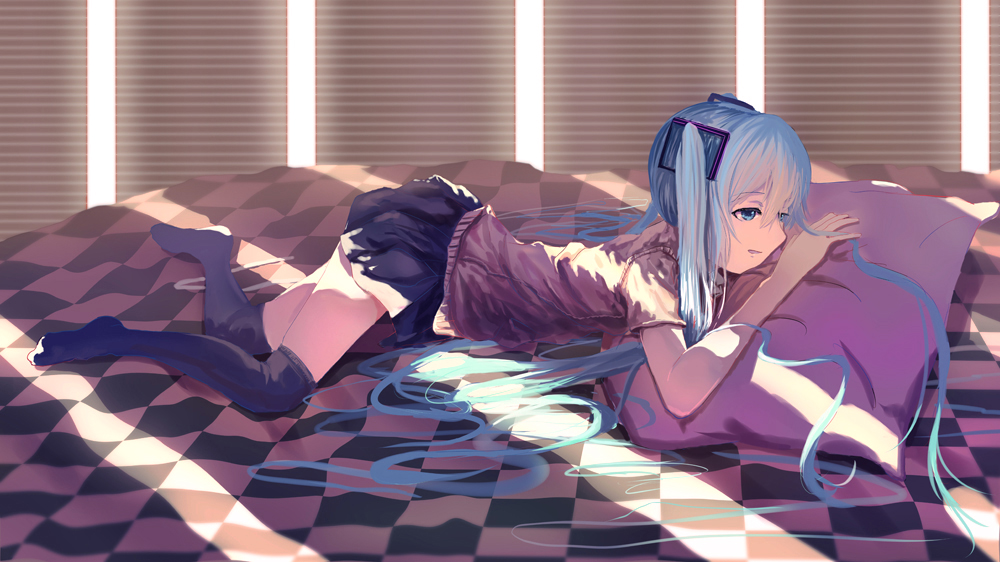 1girl, blue_eyes, blue_hair, checkered, hatsune_miku, long_hair, lying, pillow, skirt, solo, tangjinhang, thigh-highs, very_long_hair, vocaloid