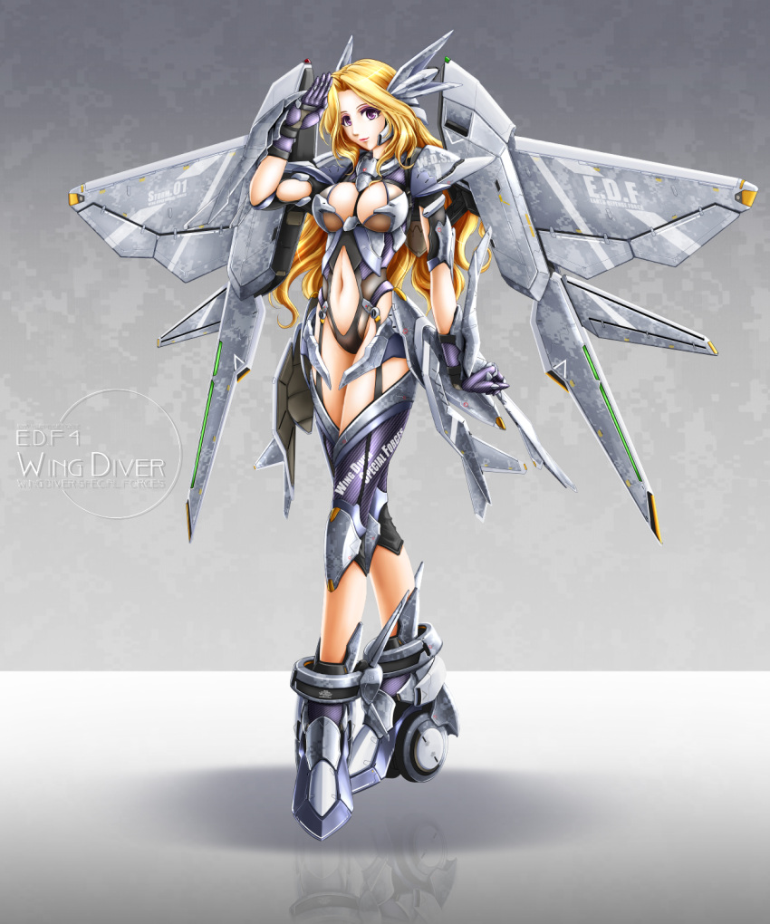 akatsuki_matsumoto, blonde_hair, boots, breasts, cleavage, earth_defense_force, garter_straps, gloves