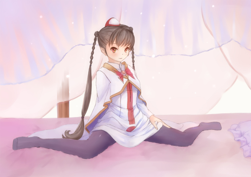 1girl, aika_granzchesta, alternate_hair_color, aria, bed, bowtie, braid, brown_hair