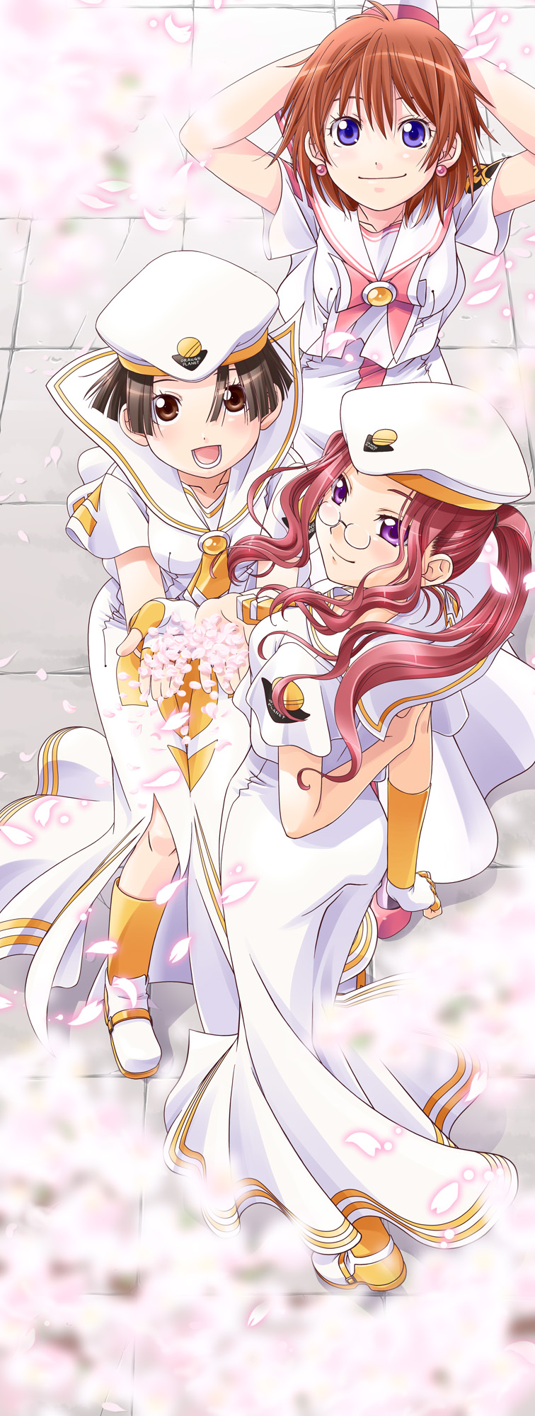 3girls, aria, arms_behind_back, atora_monteverdi, ayumi_k_jasmine, blurry, boots, brown_hair