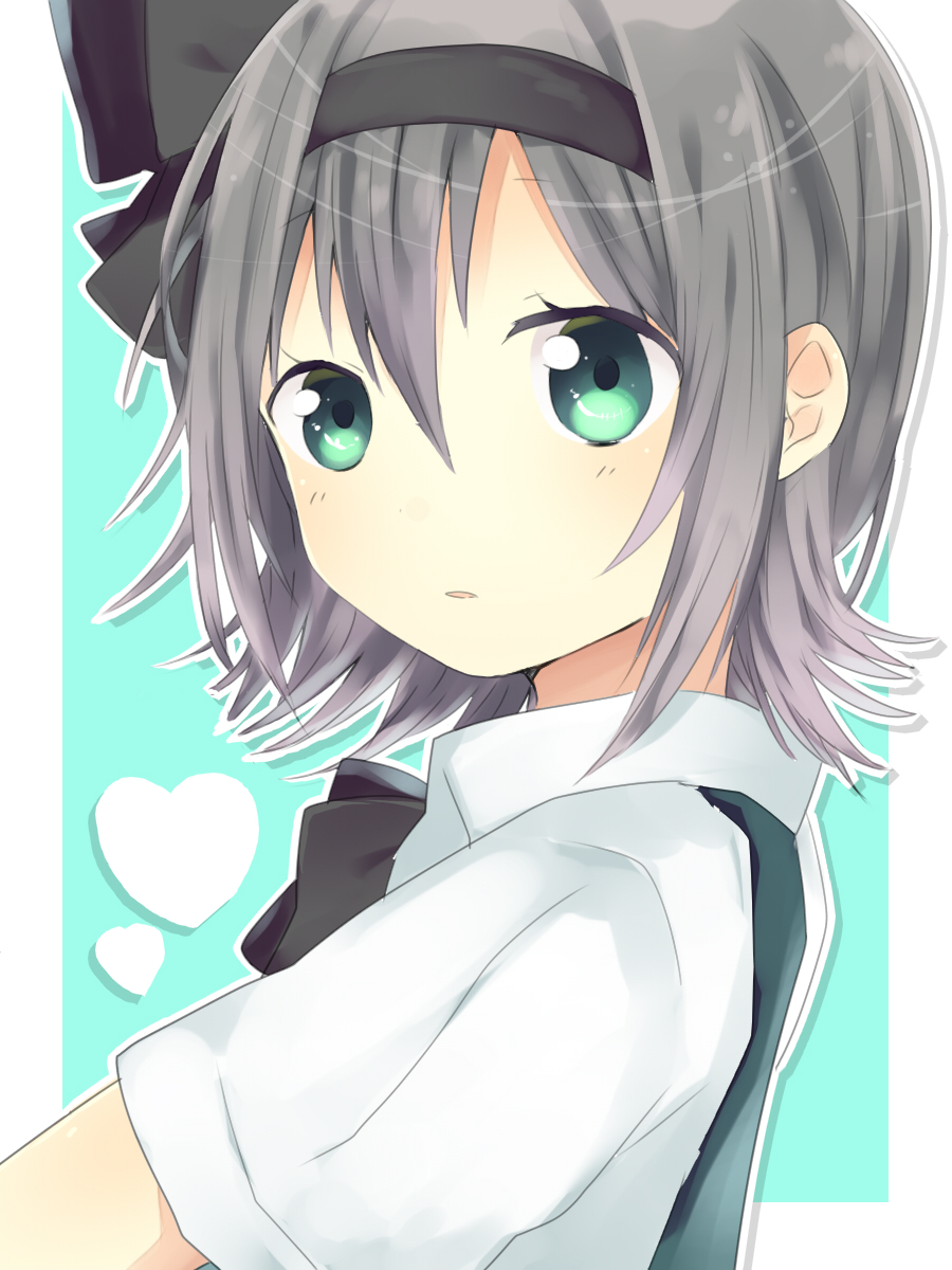 1girl, green_eyes, hair_ribbon, hairband, heart, highres, konpaku_youmu, open_mouth
