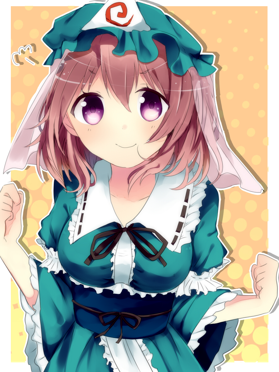 1girl, breasts, hat, highres, japanese_clothes, long_sleeves, obi, orange_background