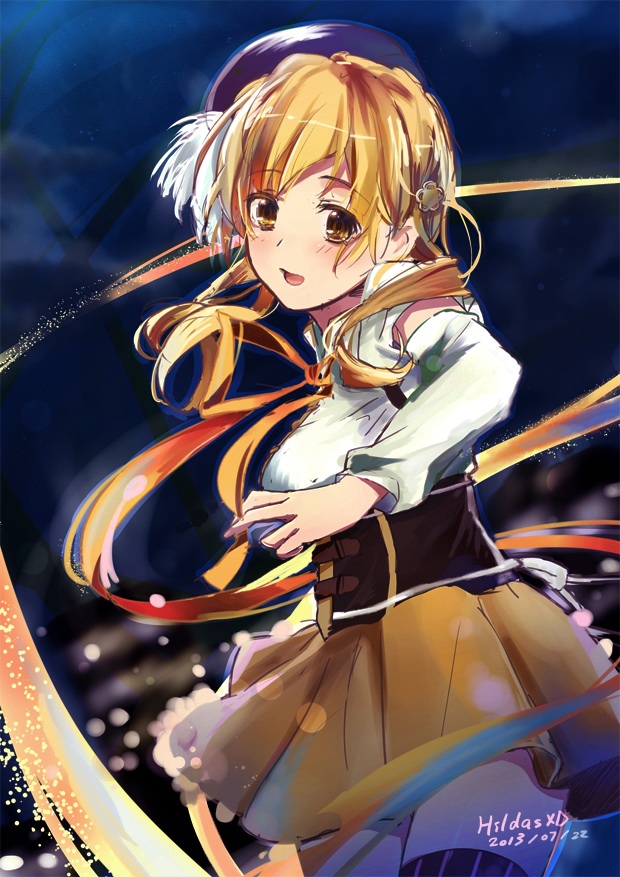 1girl, artist_name, beret, blonde_hair, brown_legwear, corset, detached_sleeves, drill_hair