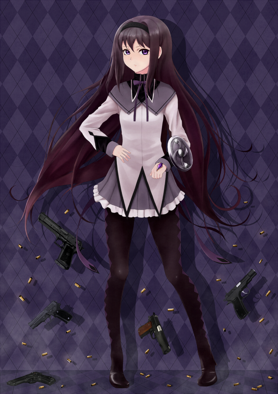 1girl, akemi_homura, argyle, argyle_background, argyle_legwear, beretta_m9, black_hair, black_legwear