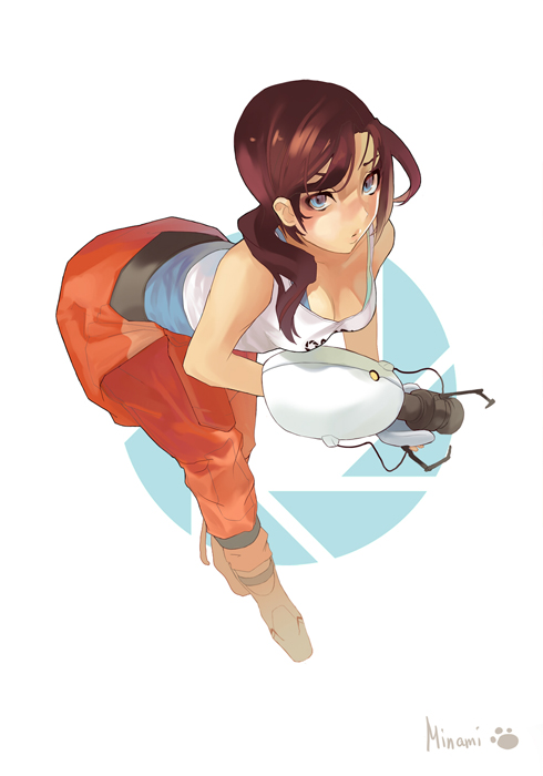 aperture_science_advanced_knee_replacement, aperture_science_handheld_portal_device, bent_over, brown_hair, chell, jumpsuit, long_hair, minami-nyan, portal, portal_2, tank_top