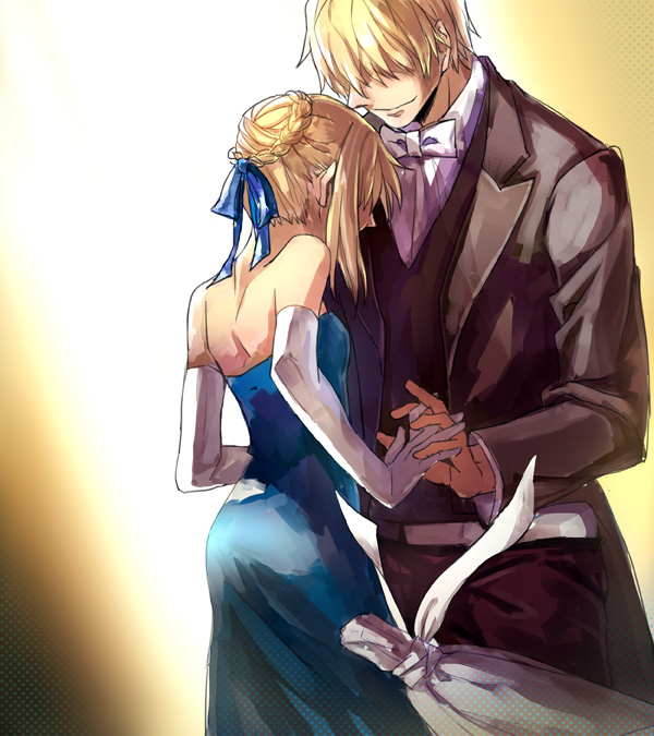 1boy, 1girl, blonde_hair, dress, elbow_gloves, fate/stay_night, fate/zero, fate_(series)