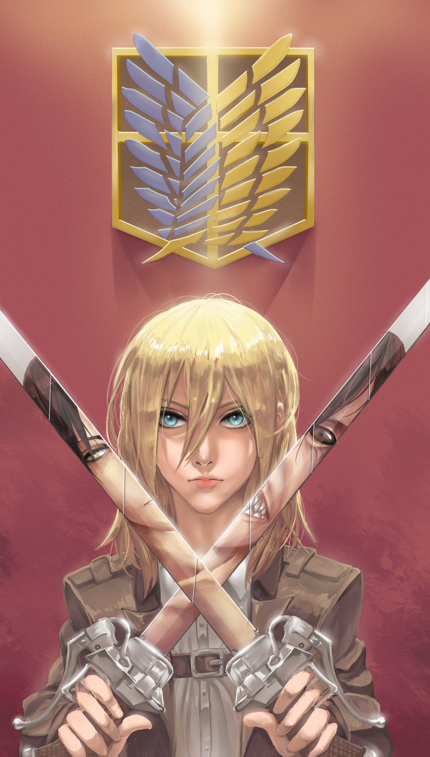 1girl, 2girls, absurdres, blade, blonde_hair, christa_renz, d.i.chock_(0kino0), dancing_titan, hair_between_eyes, highres, jacket, multiple_girls, reflection, shingeki_no_kyojin, short_hair, ymir_(shingeki_no_kyojin)