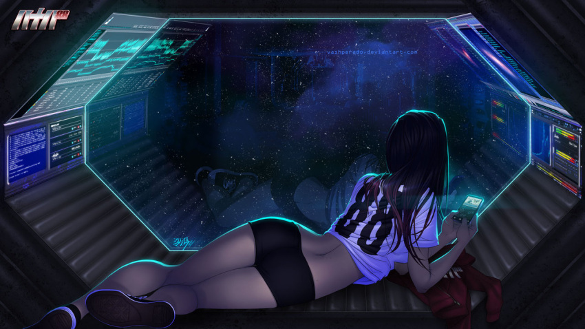 1girl, black_hair, device, from_behind, handheld, jacket, jersey, long_hair