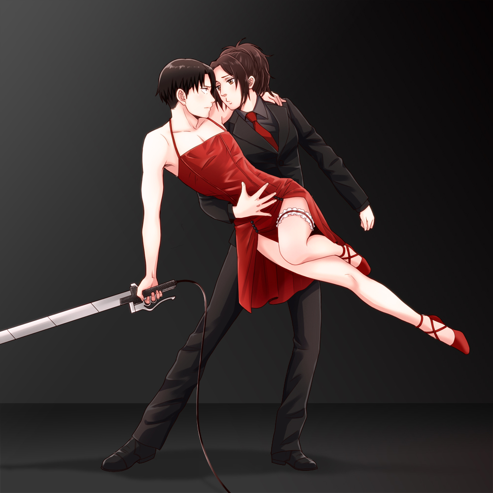 1boy, 1girl, blade, crossdressinging, dress, formal, hange_zoe, holding