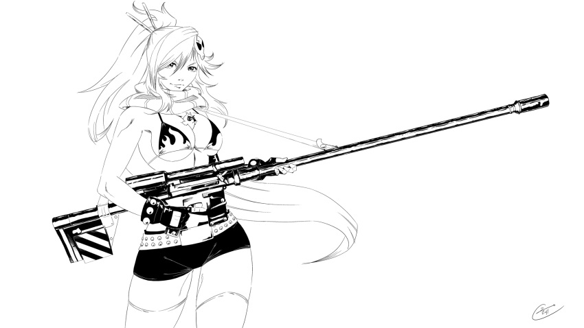 1girl, anti-materiel_rifle, belt, between_breasts, bikini_top, boota, breasts, fingerless_gloves, flame_print, gloves, gun, hair_ornament, hair_stick, highres, large_breasts, long_hair, monochrome, ponytail, rifle, scarf, shorts, skull_hair_ornament, sling, sniper_rifle, solo, studded_belt, tengen_toppa_gurren_lagann, thigh-highs, trigger_discipline, under_boob, very_long_hair, wallpaper, weapon, yoko_littner, zig_enfruke