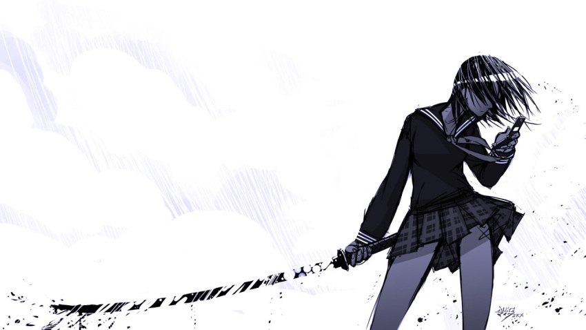 1girl, black_hair, cellphone, facing_viewer, hair_in_face, long_sleeves, mike_nesbitt, monochrome