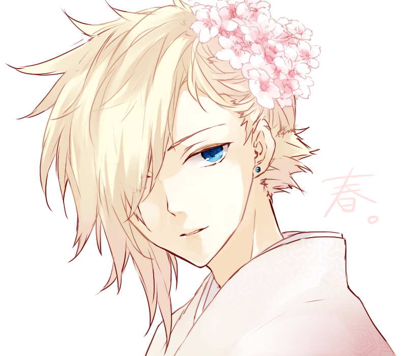 1boy, bisukorokoro, blonde_hair, blue_eyes, cherry_blossoms, cloud_strife, earrings, final_fantasy, final_fantasy_vii, flower, hair_flower, hair_ornament, hair_over_one_eye, jewelry, looking_at_viewer, male, solo, trap