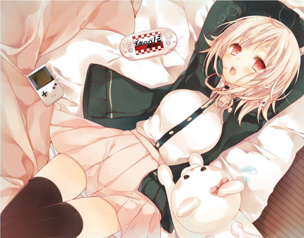 1girl, arms_up, bangs, bed, black_legwear, blush, blush_stickers, cardigan