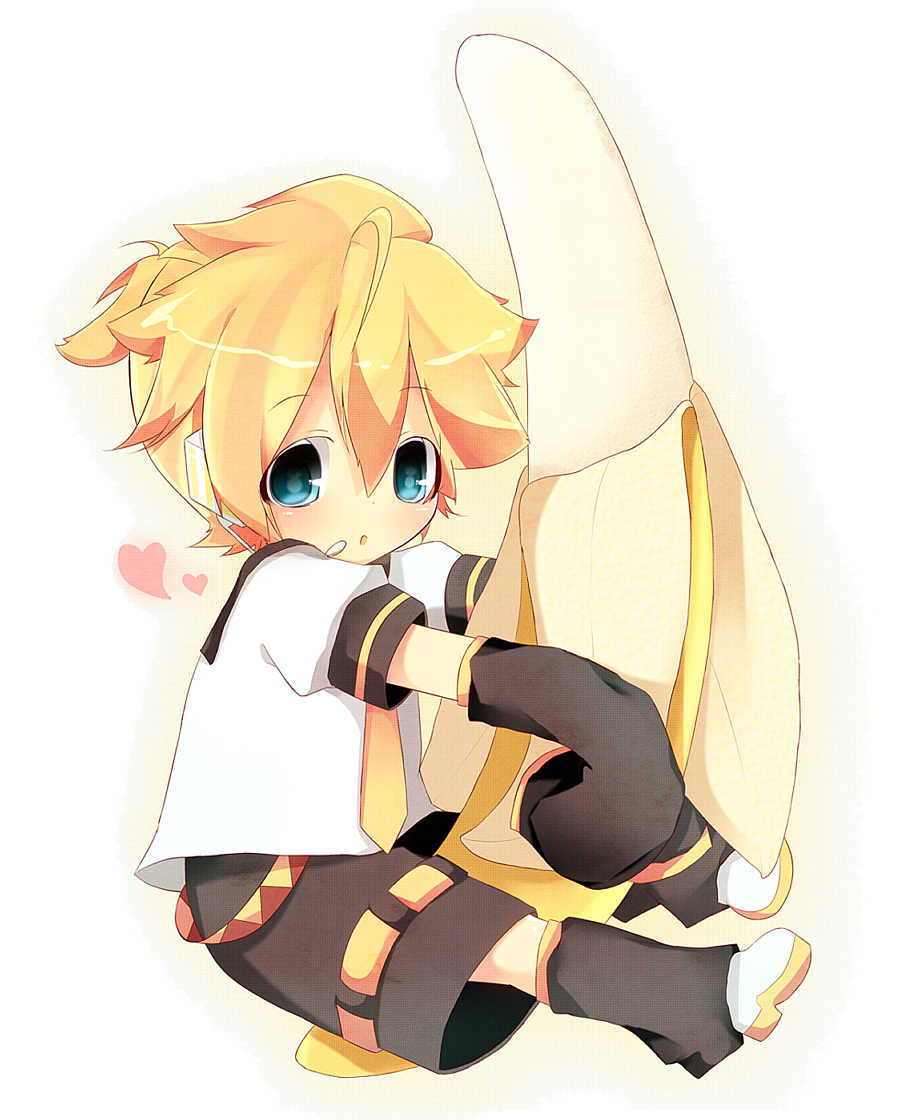 1boy, arm_warmers, banana, blonde_hair, blue_eyes, chibi, detached_sleeves, food, fruit, hakumugi, headphones, heart, kagamine_len, leg_warmers, miniboy, necktie, sailor_collar, short_hair, shorts, simple_background, vocaloid, white_background