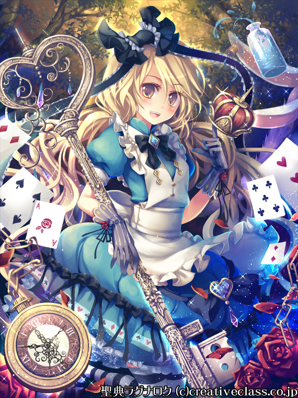 1girl, alice_(wonderland), alice_in_wonderland, animal_ears, apron, black_ribbon, blonde_hair, bottle