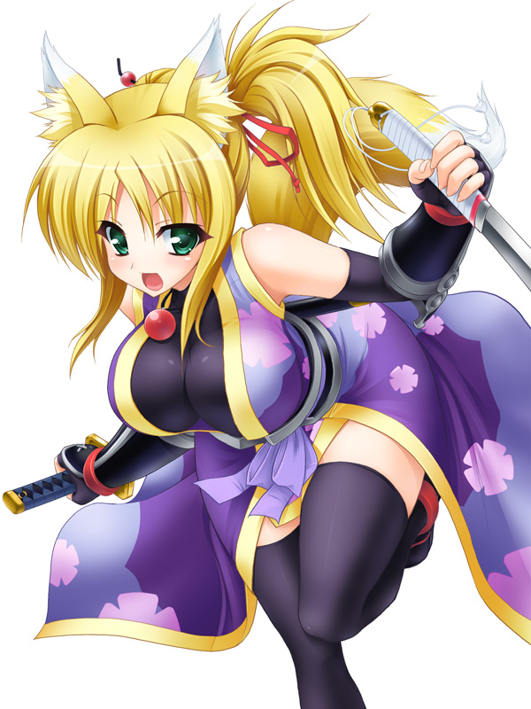 1girl, animal_ears, black_legwear, blonde_hair, blush, breasts, dog_days, dual_wielding, elbow_gloves, female, fingerless_gloves, fox_ears, fox_tail, gessekai, gloves, green_eyes, japanese_clothes, katana, large_breasts, long_hair, looking_at_viewer, ponytail, smile, solo, sword, tail, thigh-highs, weapon, yukikaze_panettone