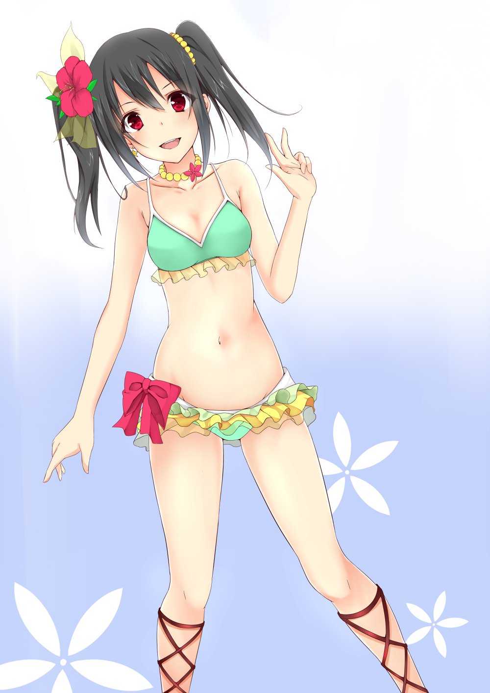 1girl, bikini, black_hair, blue_background, blush, cross-laced_footwear, cross-laced_sandals, earrings