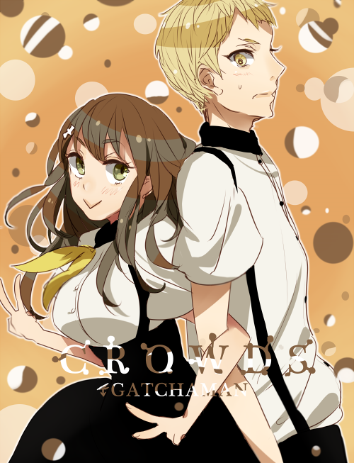 1boy, 1girl, :>, back-to-back, blonde_hair, brown_hair, gatchaman_crowds, grey_eyes