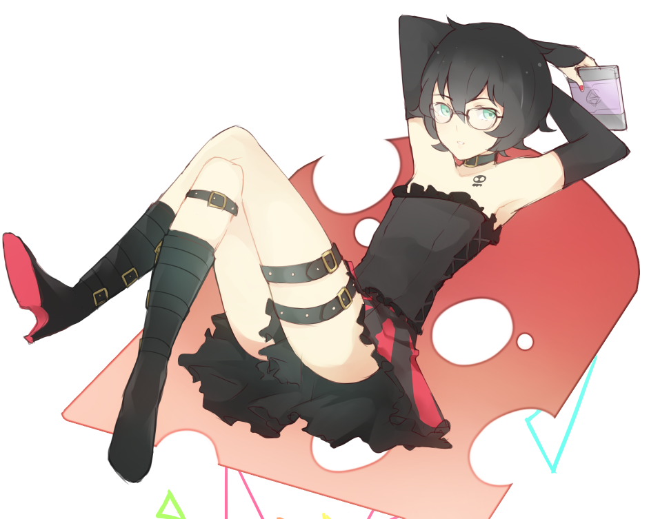 1boy, armpits, belt, black_hair, choker, crossdressinging, dress, gatchaman_crowds