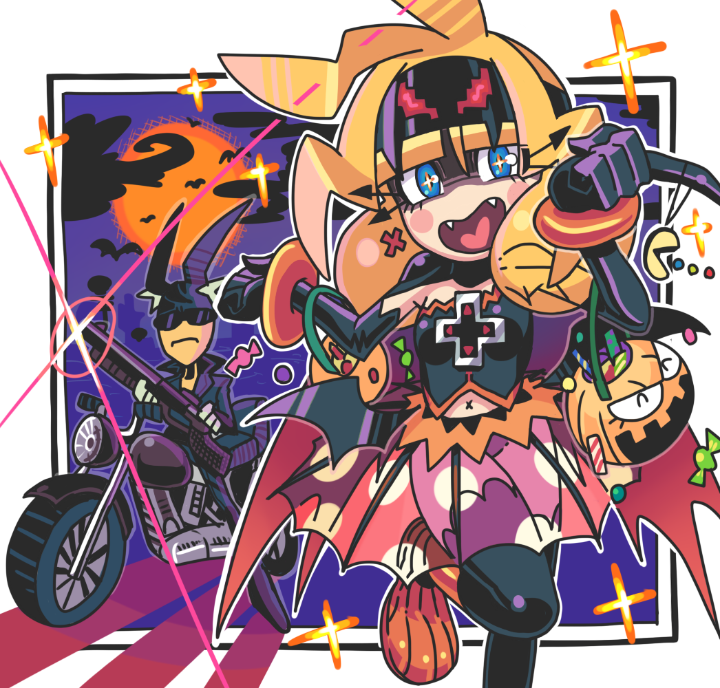 1girl, antenna_hair, bat_ears, black_gloves, black_legwear, blonde_hair, blue_eyes, blush_stickers, bracelet, candy, cosplay, d-pad, elbow_gloves, eyelashes, fangs, gashi-gashi, gloves, gun, halloween, halloween_costume, heart, heart_in_mouth, jewelry, komori_(gashi-gashi), mini_wings, motor_vehicle, motorcycle, navel, original, running, sayaka-chan_(gashi-gashi), see-through, shotgun, skirt, sunglasses, t-800, terminator, thigh-highs, vehicle, weapon