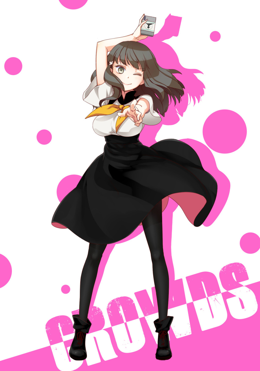 1girl, black_hair, foreshortening, gatchaman_crowds, grey_eyes, highres, ichinose_hajime, notepad