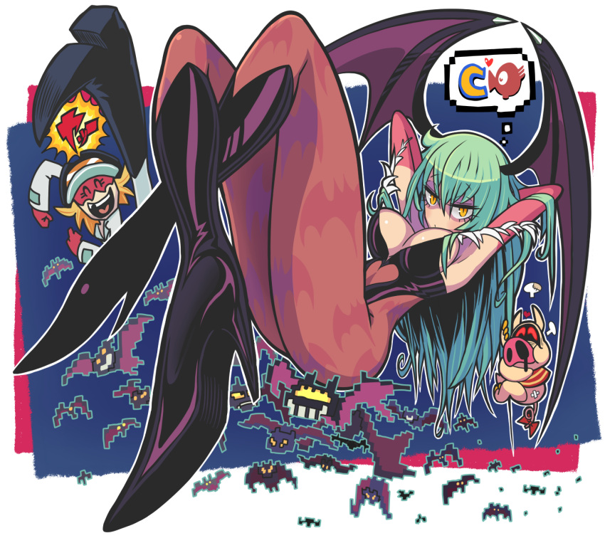 1boy, 1girl, armpits, bare_shoulders, bat, bat_print, blonde_hair, bodysuit, boots, bridal_gauntlets, crossed_ankles, crossover, demon_girl, eyelashes, eyeshadow, gashi-gashi, green_hair, hands_in_hair, hat, head_wings, high_heels, highres, jitome, leotard, long_hair, makeup, mask, morrigan_aensland, pantyhose, pig, pixelated, print_legwear, reclining, shoes, solo_focus, succubus, takada_gan, tatsunoko_vs_capcom, time_bokan_(series), vampire_(game), wings, yatterman, yellow_eyes