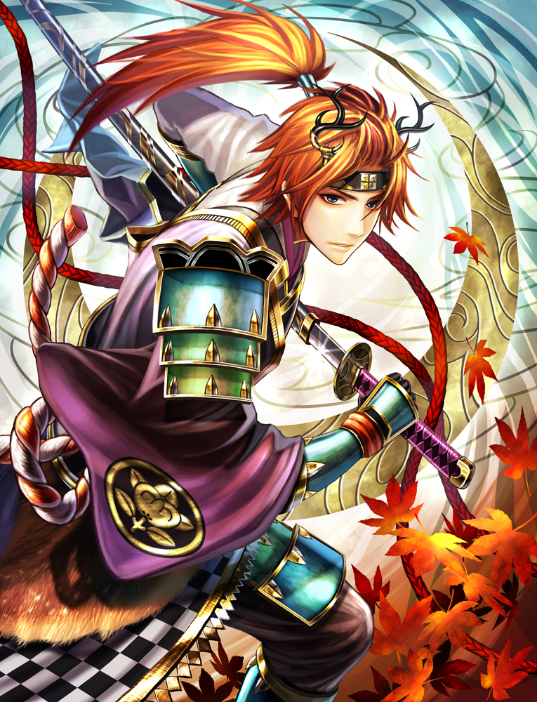1boy, forehead_protector, haru_(toyst), horns, leaf, long_hair, male, maple_leaf