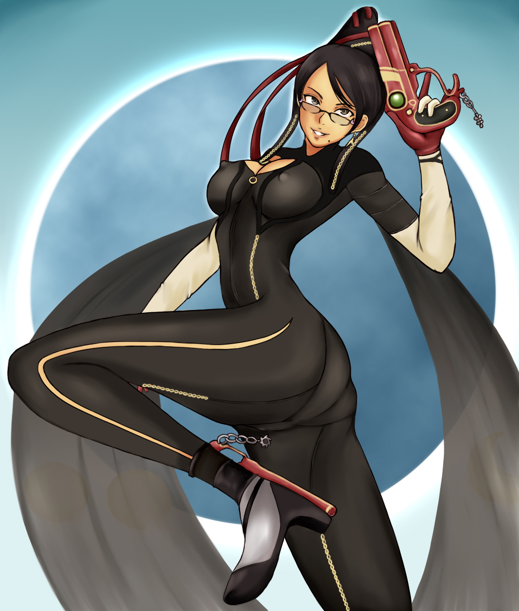 bayonetta, bayonetta_(character), beauty_mark, black_hair, bodysuit, chains, erect_nipples, glasses, grey_eyes, gun, hair_bun, high_heels, long_hair, mole, red_ribbon, ribbon, rirakukan, very_long_hair