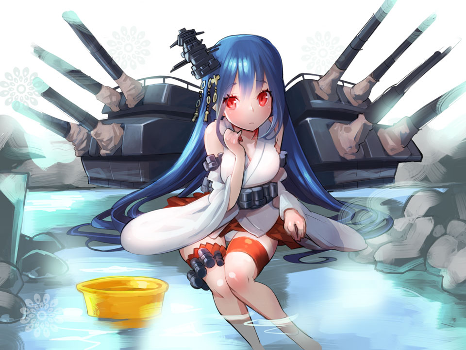 1girl, alternate_hairstyle, bare_shoulders, blue_eyes, blue_hair, breasts, bucket, detached_sleeves