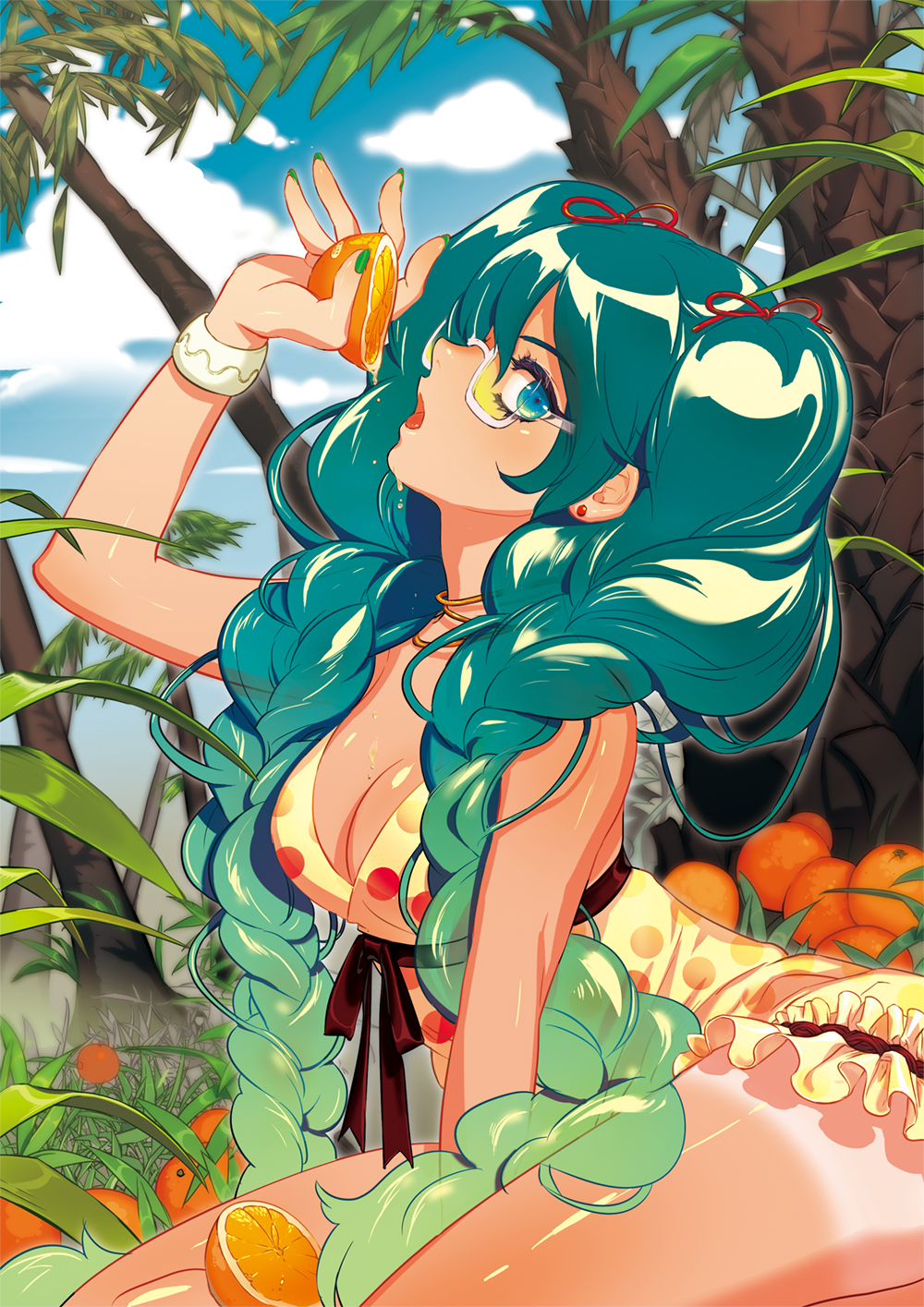 1girl, aqua_eyes, bracelet, braid, breasts, cleavage, clouds, earrings