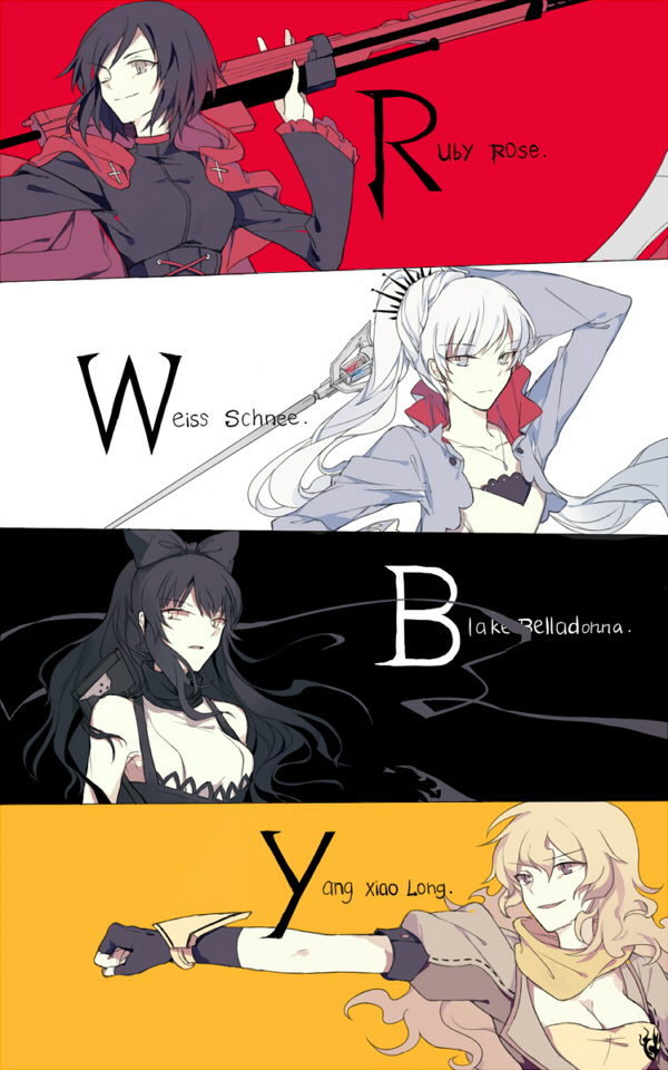 4girls, black_hair, blake_belladonna, blonde_hair, blue_eyes, bow, breasts, cape