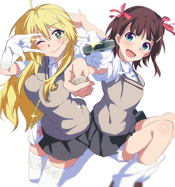 +_+, 2girls, amami_haruka, blonde_hair, blush, coin, controller, cosplay