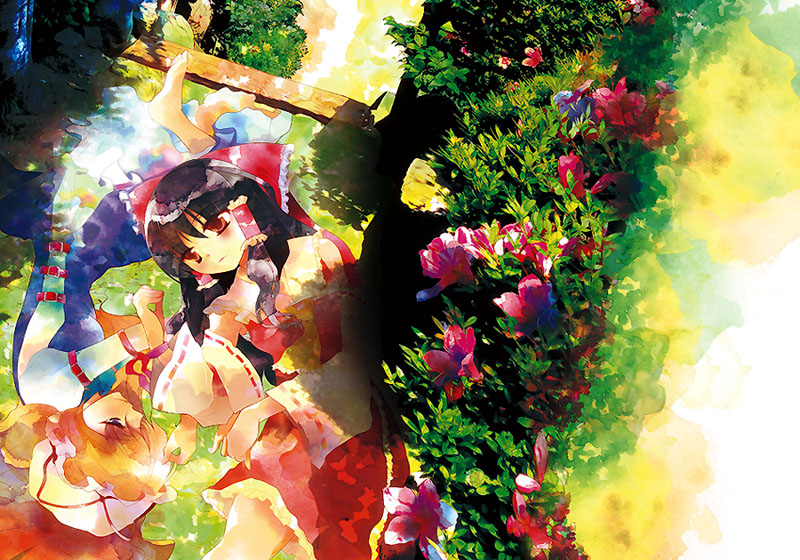 black_hair, blonde_hair, bow, colorful, detached_sleeves, hakurei_reimu, hat, kana1104
