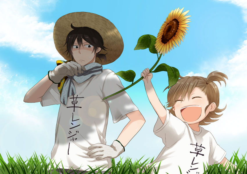 1boy, 1girl, :d, barakamon, black_hair, brown_hair, child, closed_eyes
