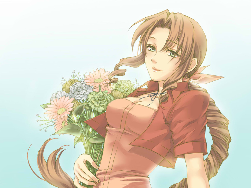 bouquet, brown_hair, dress, drill_hair, final_fantasy, final_fantasy_vii, flower, green_eyes