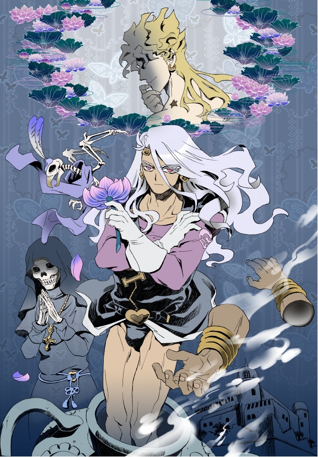 baoh1983, bird, blonde_hair, bone, bracelet, castle, dio_brando, flower, jewelry, jojo_no_kimyou_na_bouken, leotard, long_hair, lotus, mohammed_avdol, nun, pet_shop, red_eyes, severed_hands, skeleton, tiara, vanilla_ice, white_hair