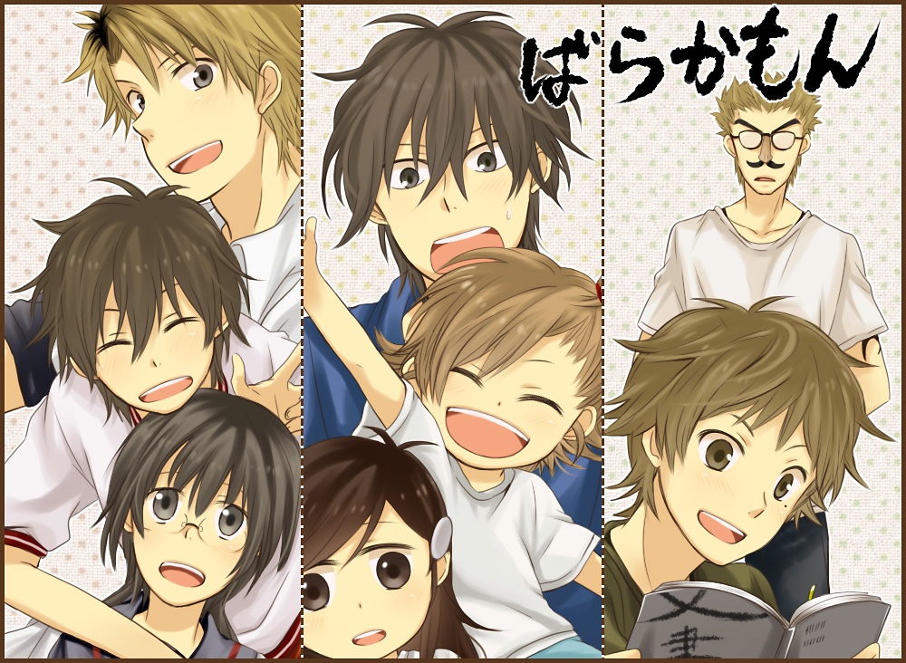 4boys, 4girls, barakamon, black_hair, book, brown_hair, child, funny_glasses, glasses, gym_uniform, handa_seishuu, hazuki_(pacco), hina_(barakamon), hiroshi_(barakamon), japanese_clothes, jinbei_(clothes), kanzaki_kousuke, kawafuji_(barakamon), kotoishi_miwa, kotoishi_naru, multiple_boys, multiple_girls, short_hair, side_ponytail, smile, sweatdrop, tama_(barakamon), young