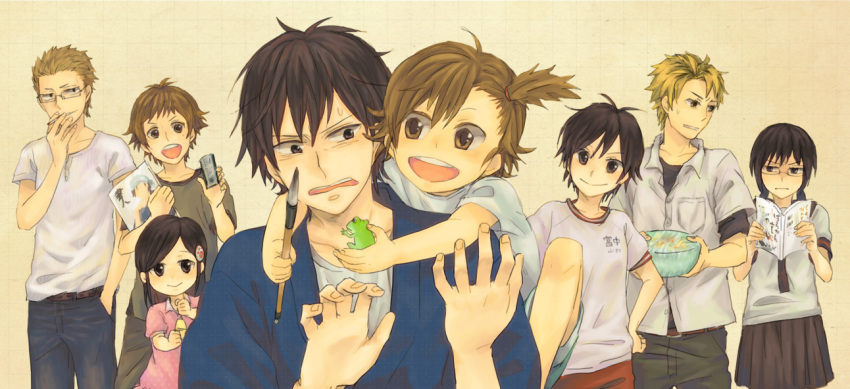 4boys, 4girls, barakamon, black_hair, blonde_hair, brown_hair, calligraphy_brush, child, cigarette, frog, glasses, gym_uniform, hair_ornament, hairclip, handa_seishuu, hina_(barakamon), hiroshi_(barakamon), japanese_clothes, jinbei_(clothes), kanzaki_kousuke, kawafuji_(barakamon), kotoishi_miwa, kotoishi_naru, multiple_boys, multiple_girls, paintbrush, school_uniform, side_ponytail, smile, tama_(barakamon), young