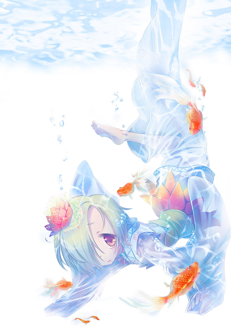 1girl, bags_under_eyes, blonde_hair, blush, bubble, fish, flower, hair_flower