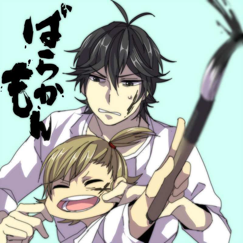 1boy, 1girl, barakamon, black_hair, brown_hair, calligraphy_brush, cheek_pinching, child
