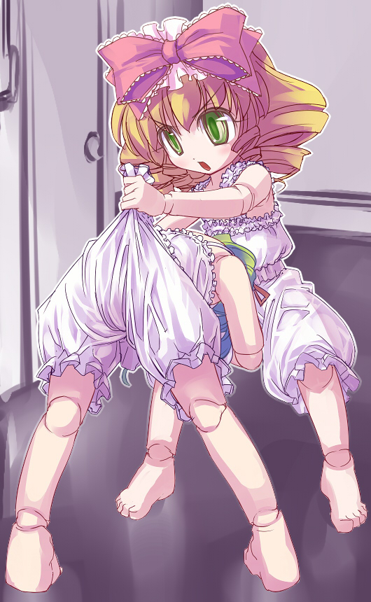 2girls, barefoot, blonde_hair, bloomers, bloomers_pull, bow, camisole, doll_joints
